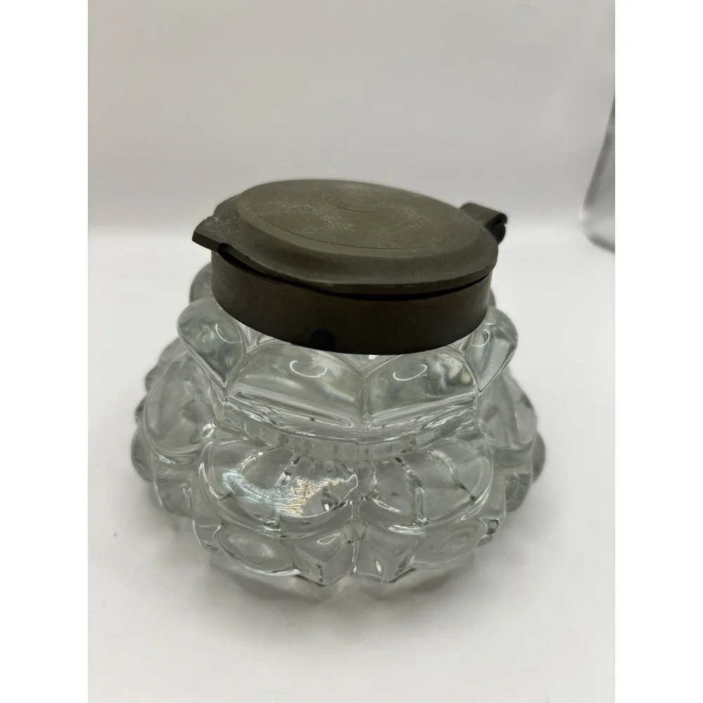 Vintage Antique Inkwell‎ Crystal Glass Brass Lid Old Money GrandpaCore